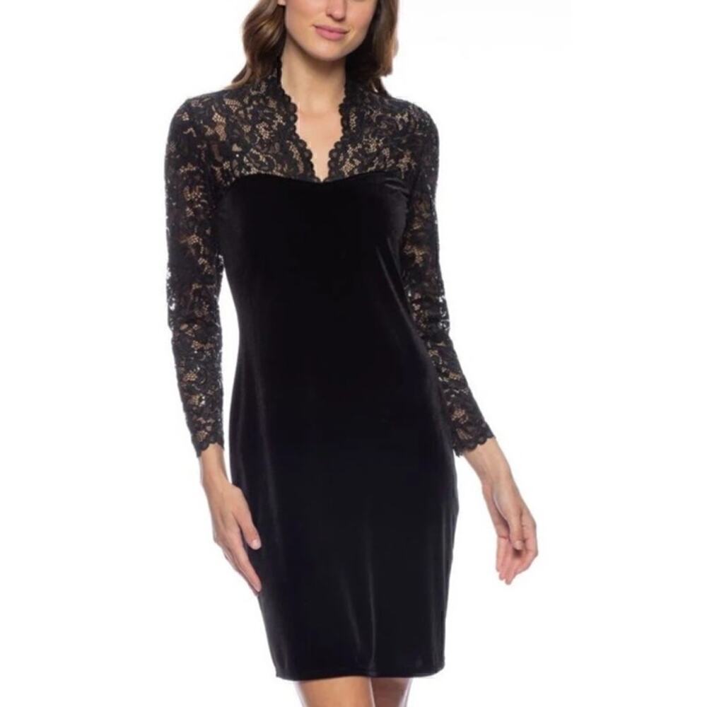 Marina Dress Velvet Lace Sequined Illusion Long Sleeve Sheath Mini Black Small